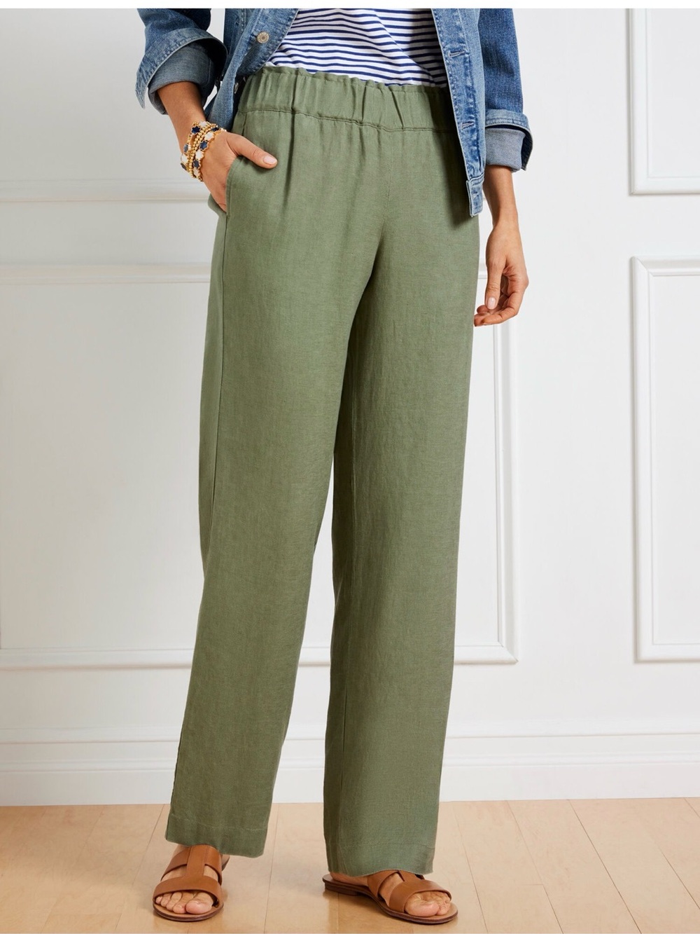 Talbots Nantucket Pull On Wide Leg 100% Washed Linen Pants Green Size large